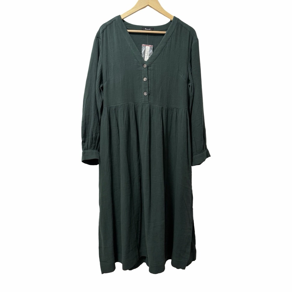 Madewell Lightspun Button Front Midi Dress Size 10 Dark Palm Boho Cottagecore